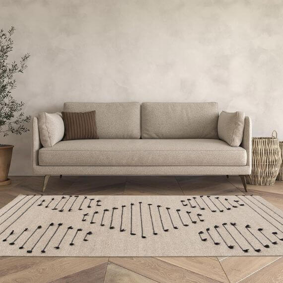 Tapis en laine plat avec franges design beige Lincoln